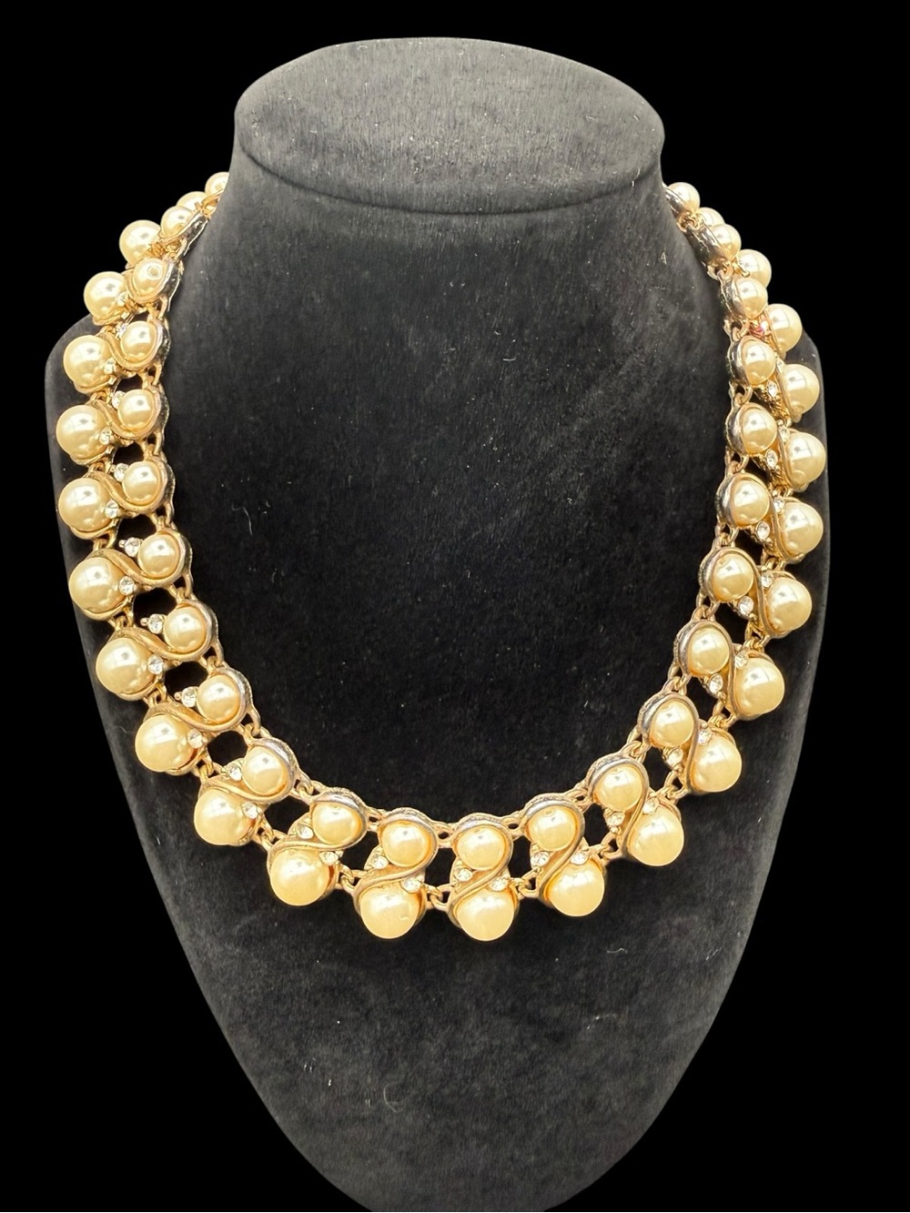 Gold Faux Pearl Rhinestone Cluster Statement Bib Necklace Bridal elegant